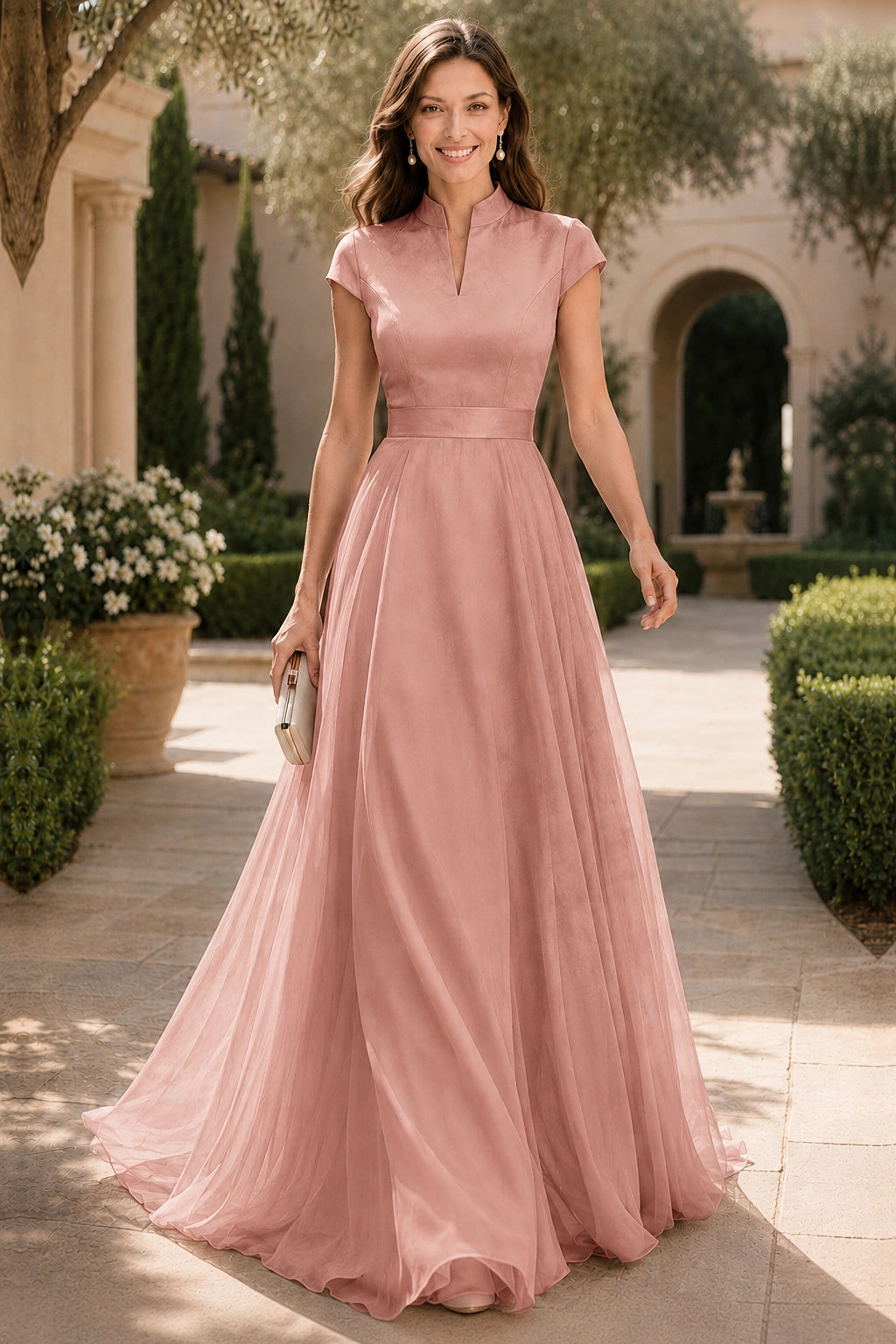 V Neck Cap Sleeve A-Line Floor-Length Satin Bridesmaid Dress