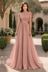 V Neck Cap Sleeve A-Line Floor-Length Satin Bridesmaid Dress