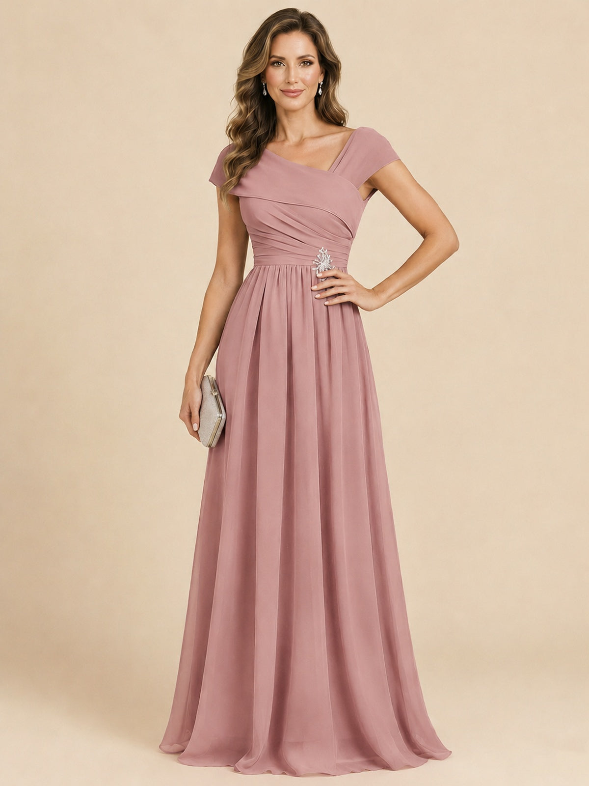 Cap Sleeve Mother of The Bride Dresses Long Chiffon Formal Gowns