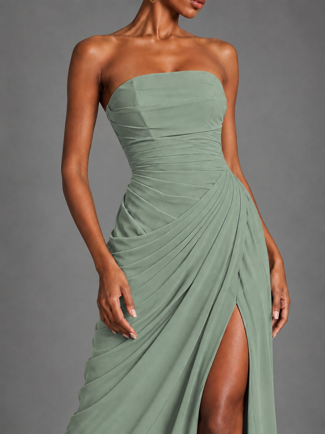Strapless Bodycon Pleated Chiffon Formal Dress with Slit