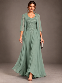 A-line 2 Pieces Chiffon Appliques Mother of The Bride Dresses with Jackets