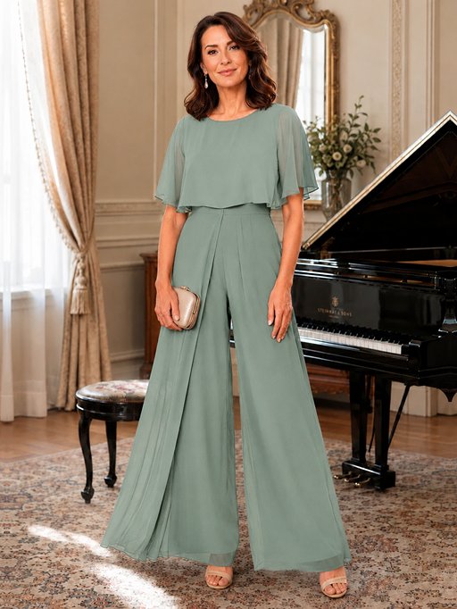 Chiffon Mother of the Bride Jumpsuit with Layered Cape Sleeves