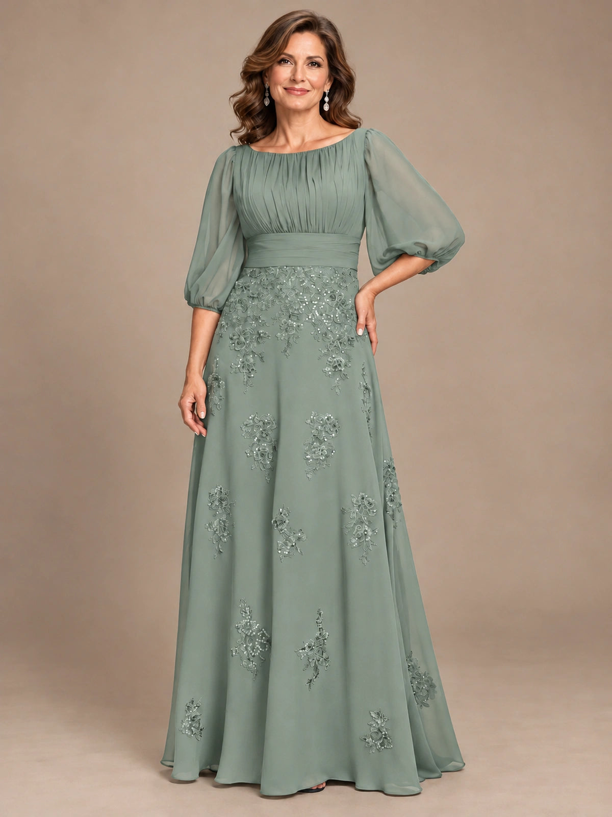 A-Line Mother of the Bride Dress with Sheer Puff Sleeves