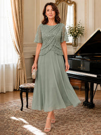 Tea-Length Chiffon Mother of the Bride Dress with Sequin Lace Sleeves