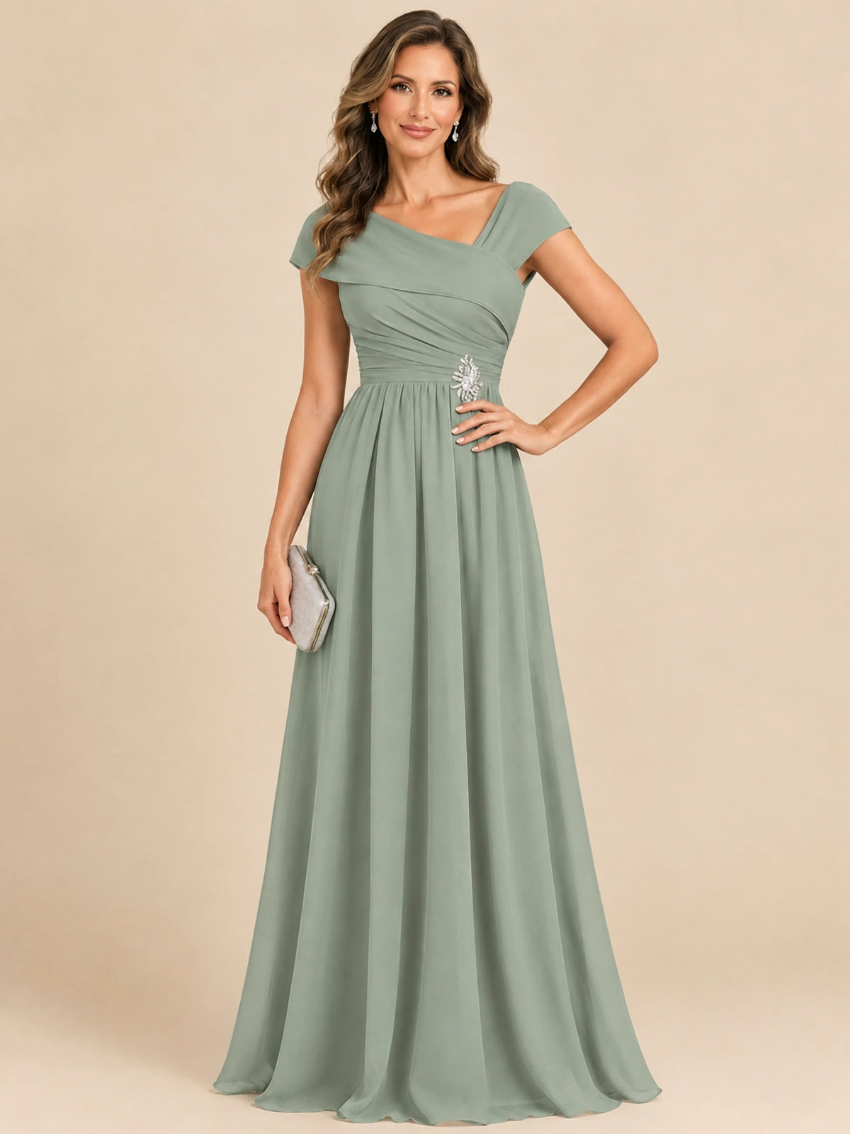 Cap Sleeve Mother of The Bride Dresses Long Chiffon Formal Gowns