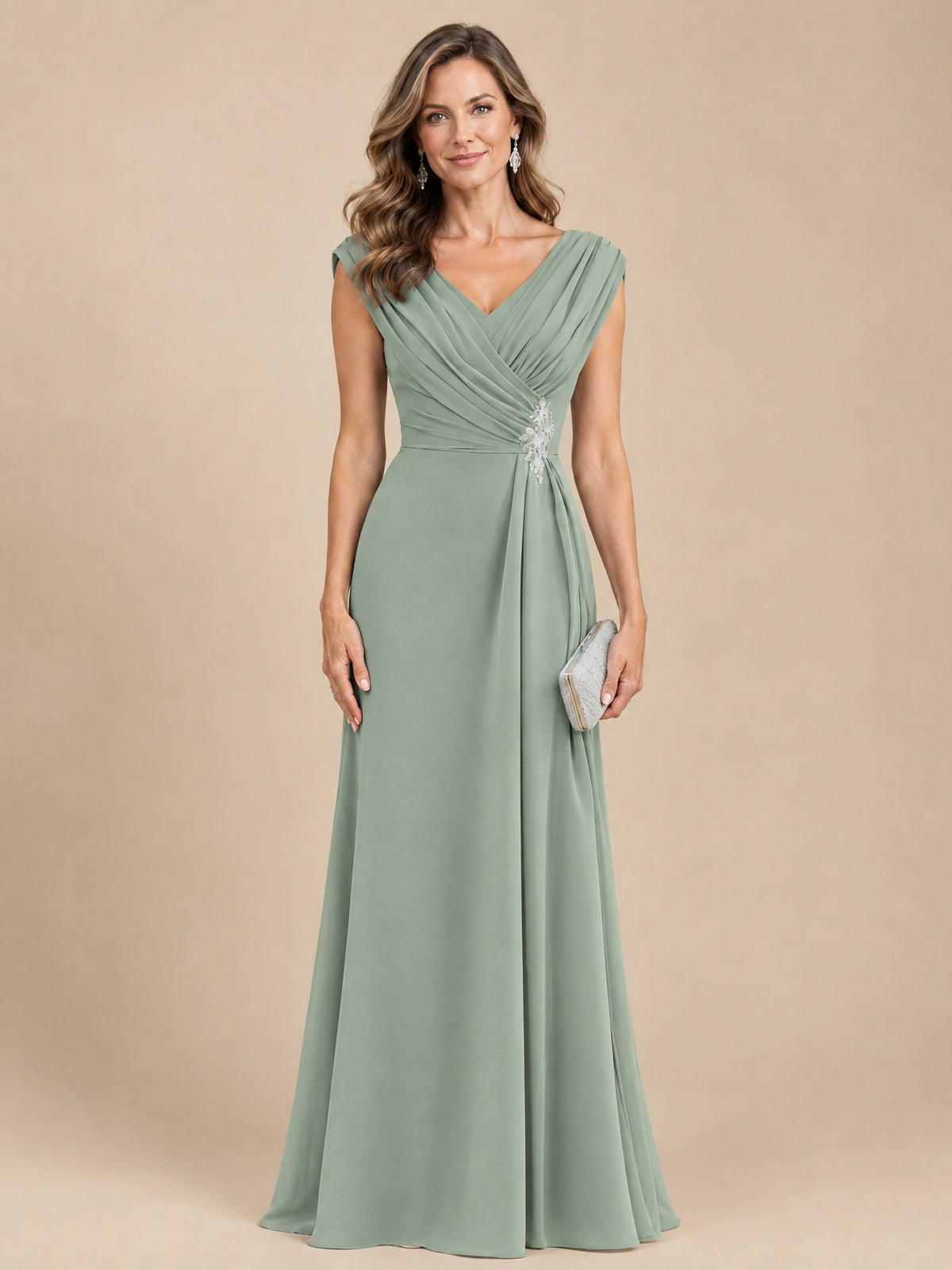 V Neck Pleated Mother of The Bride Dresses with Beading Cap Sleeves