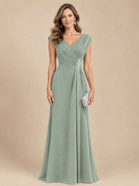 V Neck Pleated Mother of The Bride Dresses with Beading Cap Sleeves