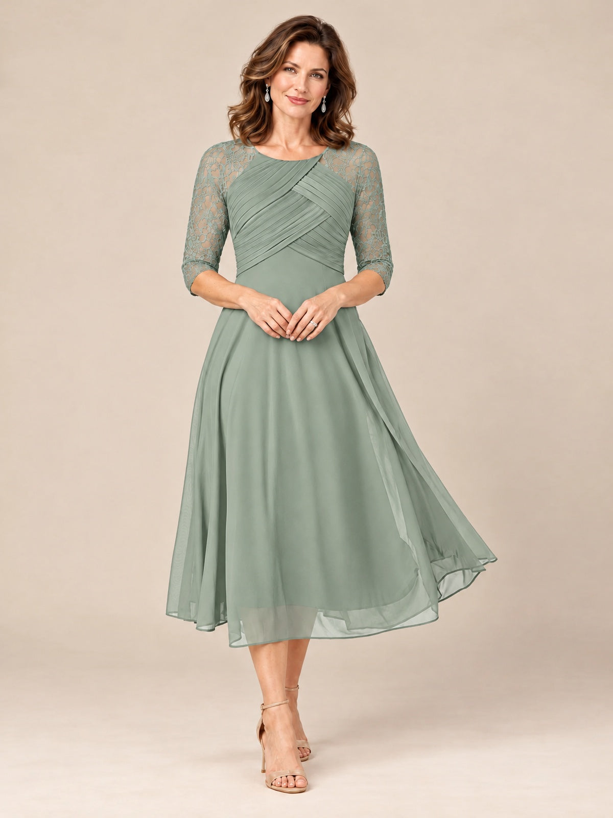 Dusty Sage-Lace Applique Pleated Tea Length Mother of The Bride Dresses