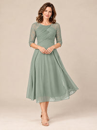Dusty Sage-Lace Applique Pleated Tea Length Mother of The Bride Dresses