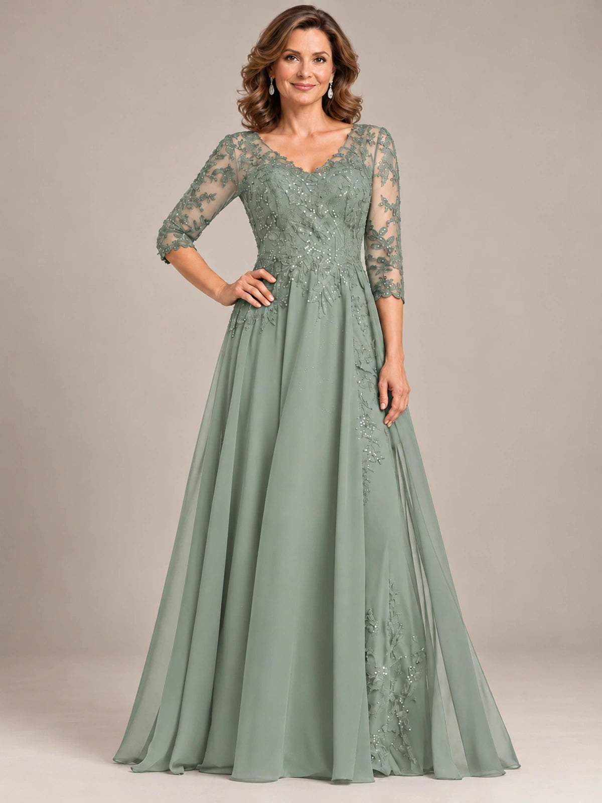Sequin Lace A-Line Mother of the Bride Dress with 3/4 Sleeves
