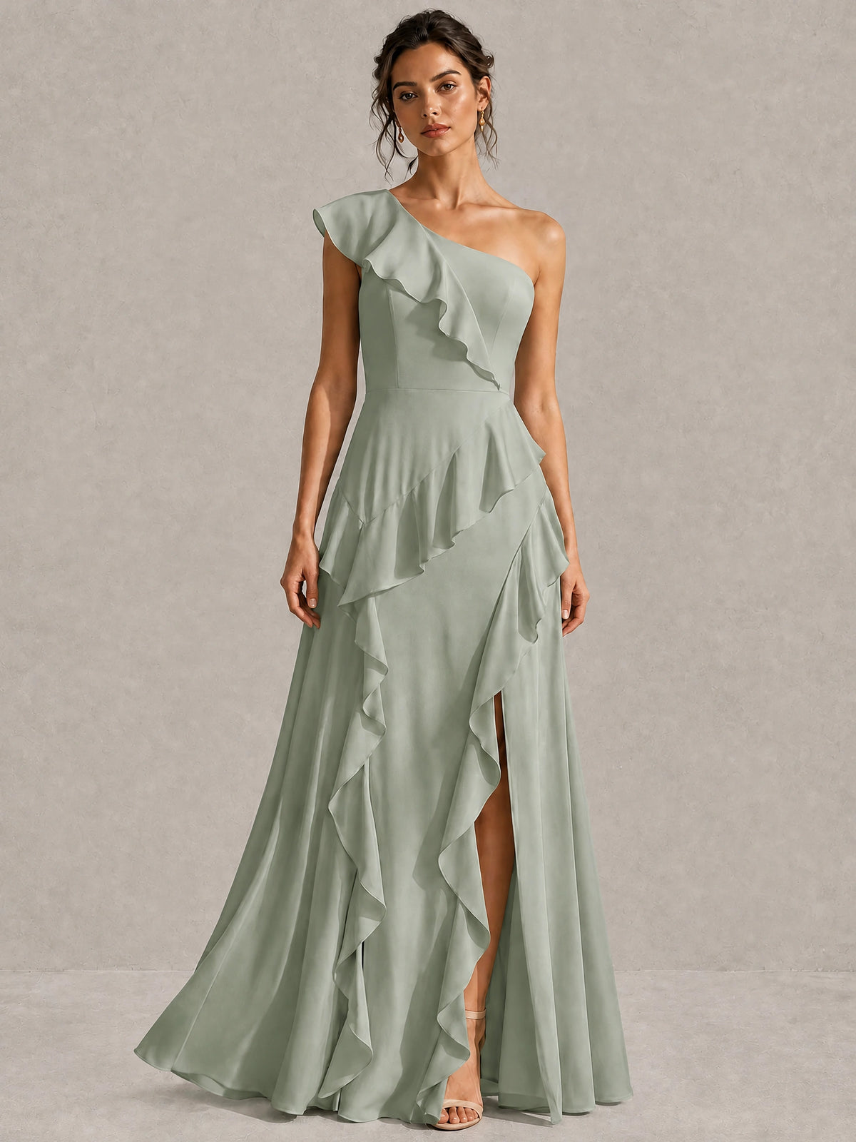 Sage Green One Shoulder Ruffle Bridesmaid Dress