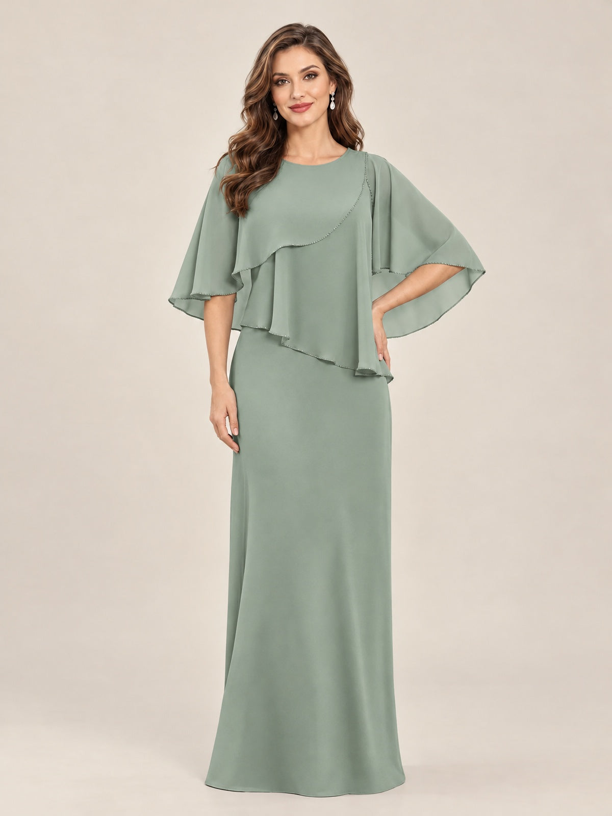 Dusty Sage-Chiffon 2 Piece A Line Mother of The Bride Dresses with Cape