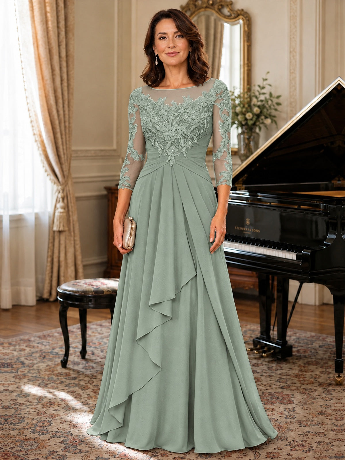 A-Line Chiffon Mother of the Bride Dress with Floral Applique 3/4 Sleeves