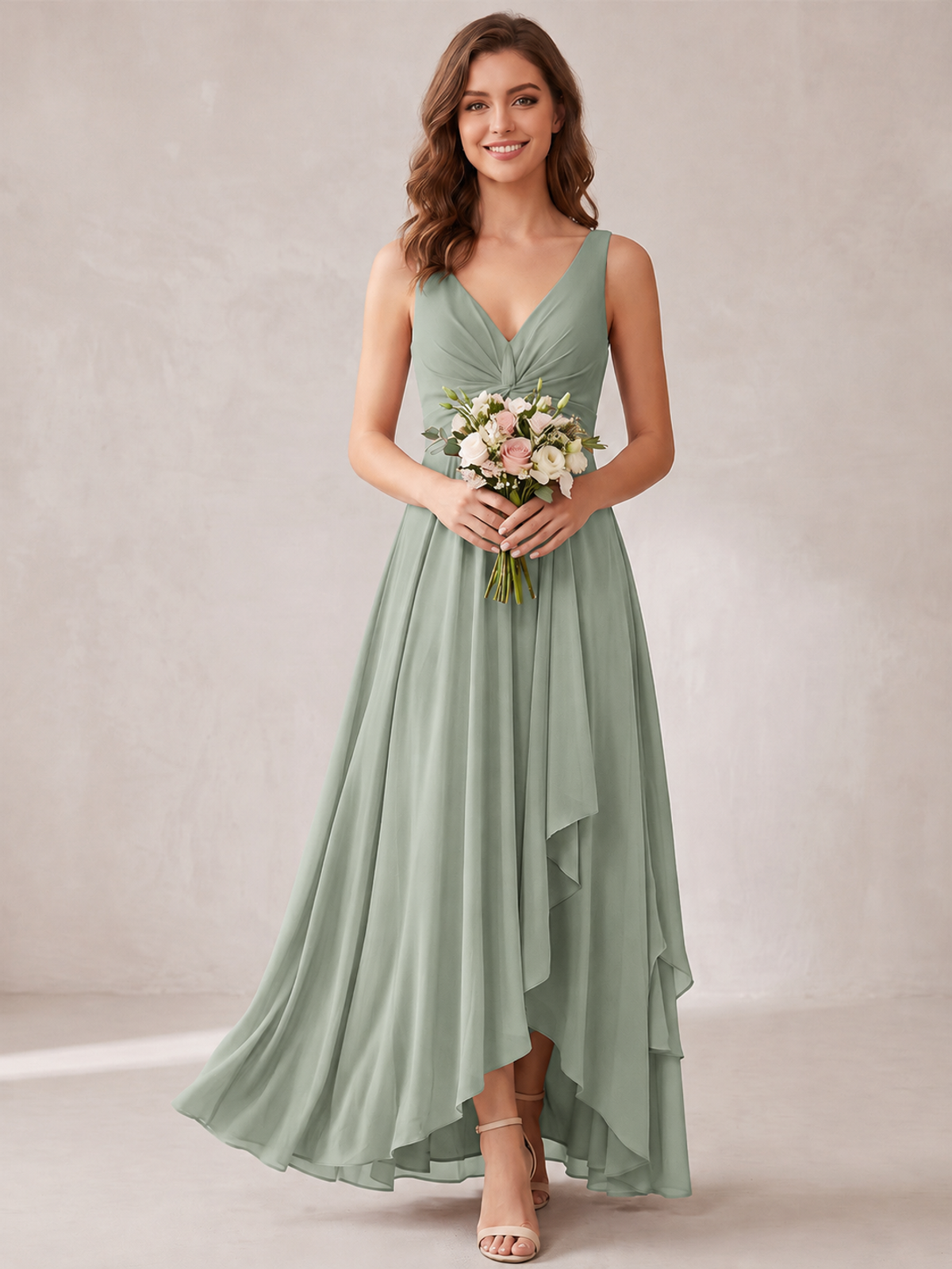 V-Neck High-Low Chiffon Bridesmaid Dress with Ruffles