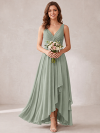 V-Neck High-Low Chiffon Bridesmaid Dress with Ruffles