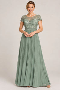 Embroidered Lace Pleated Mother of the Bride Dress