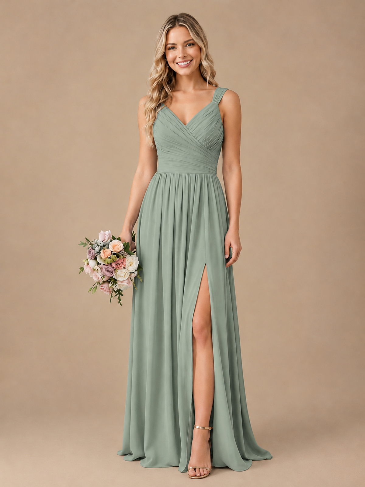 Pleated Chiffon V Neck Wedding Bridesmaid Dresses Floor Length with Slit