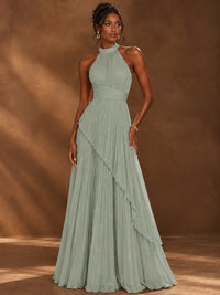 Wrap Pleated Prom Dress Halter A-line Chiffon Formal Wedding Dress