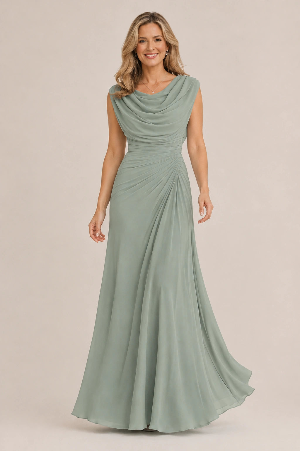 Cowl Neck Ruched Chiffon Mother of the Bride Dress