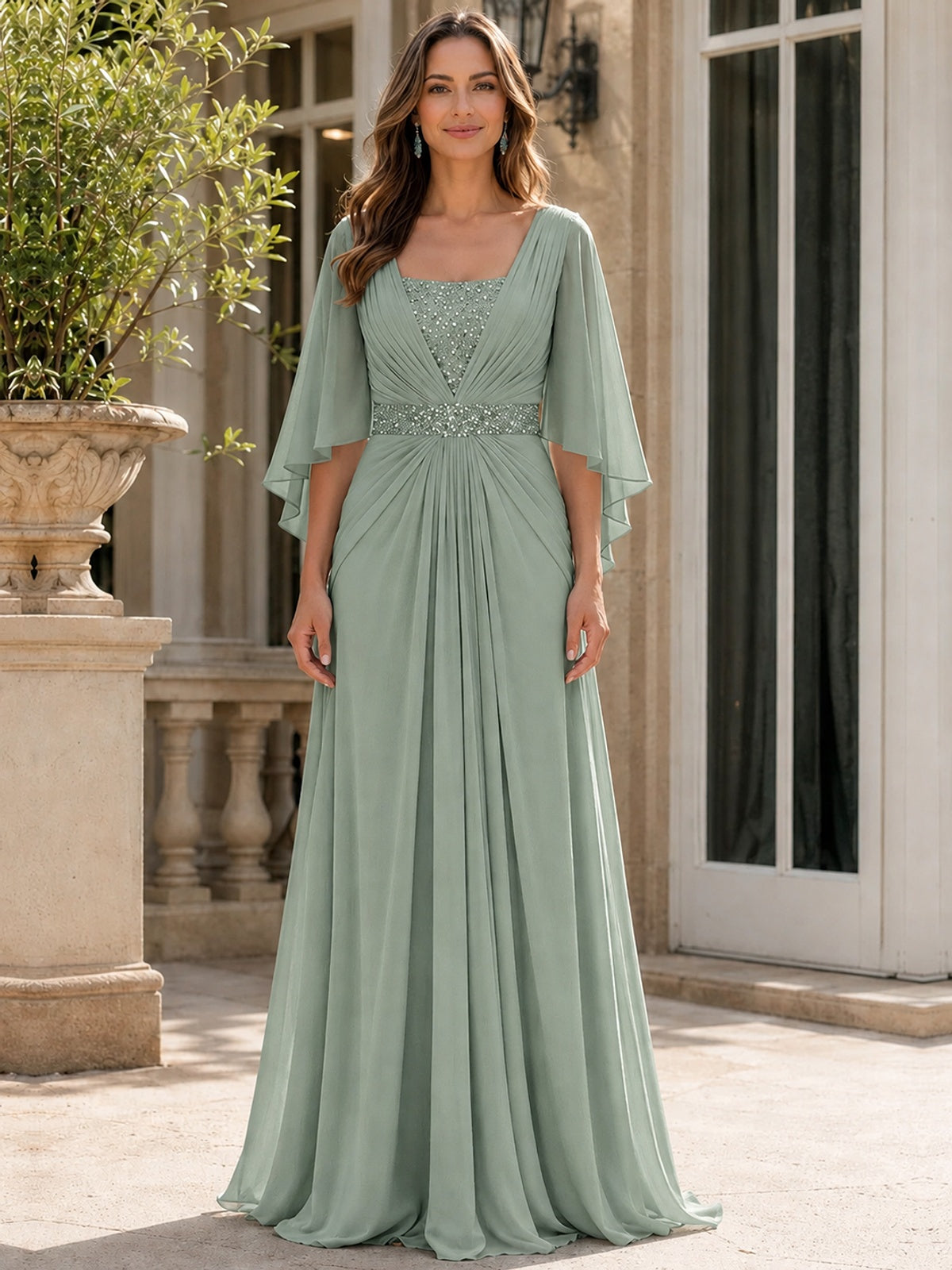 Elegant V-Neck Sequined Chiffon Mother of the Bride Dress with Flutter Sleeves