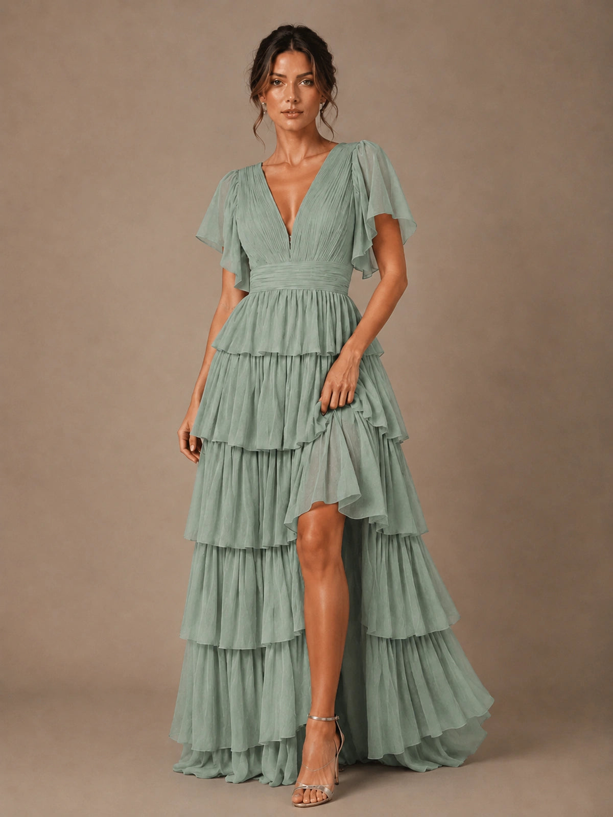 Chiffon V-Neck Tiered Ruffle Bridesmaid Dress with Slit