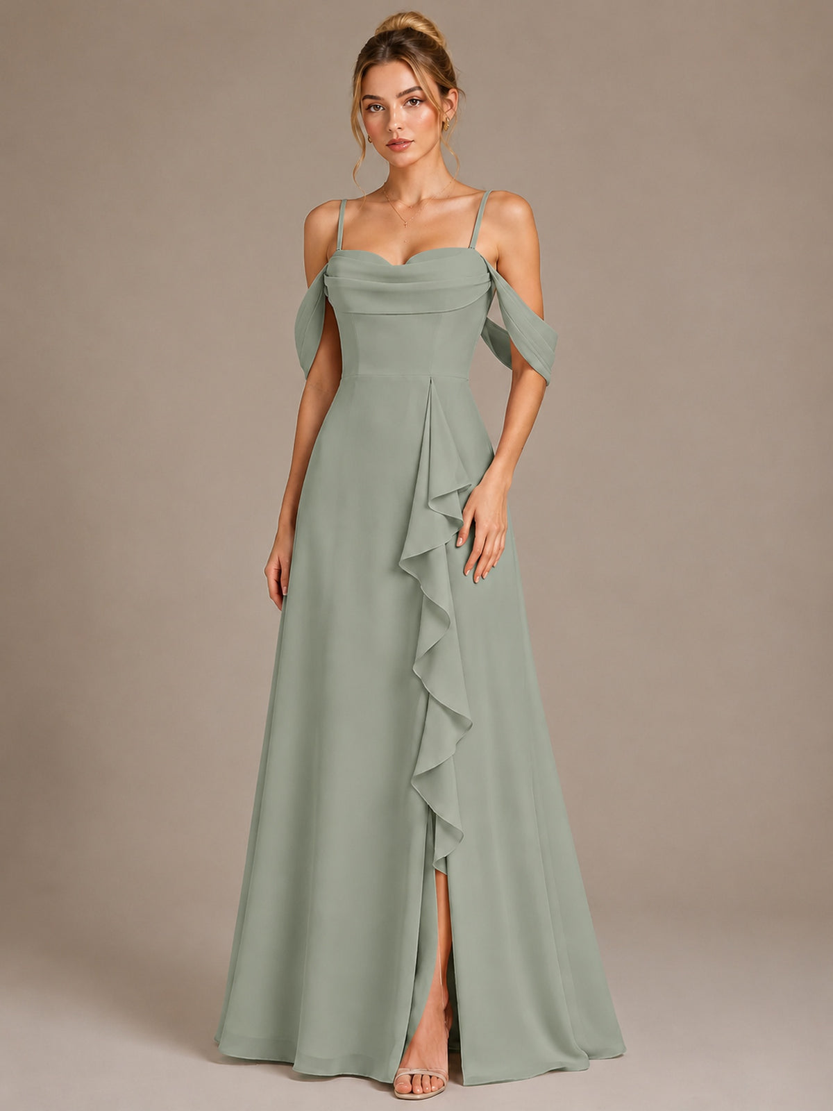 Spaghetti Strap Chiffon Bridesmaid Dress with Ruffles Slit
