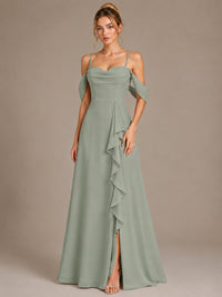Spaghetti Strap Chiffon Bridesmaid Dress with Ruffles Slit