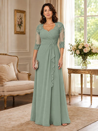 Chiffon Lace Applique Mother of the Bride Dress with 3/4 Sleeves