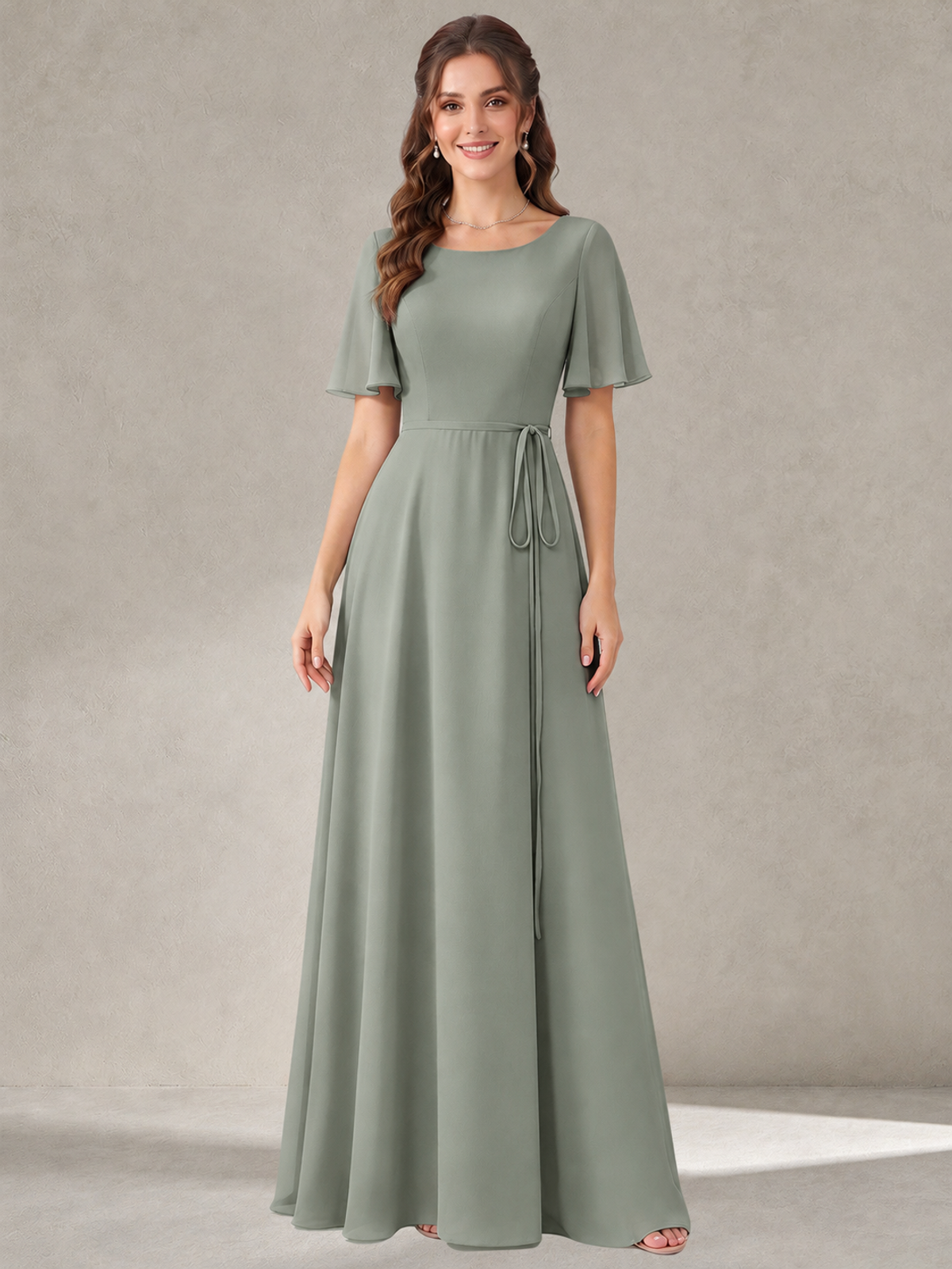 Dusty Sage Scoop Neck A-line Chiffon Bridesmaid Dress with Belt Flutter Sleeve Formal Wedding Guest Dress Evening Gown