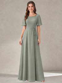 Dusty Sage Scoop Neck A-line Chiffon Bridesmaid Dress with Belt Flutter Sleeve Formal Wedding Guest Dress Evening Gown