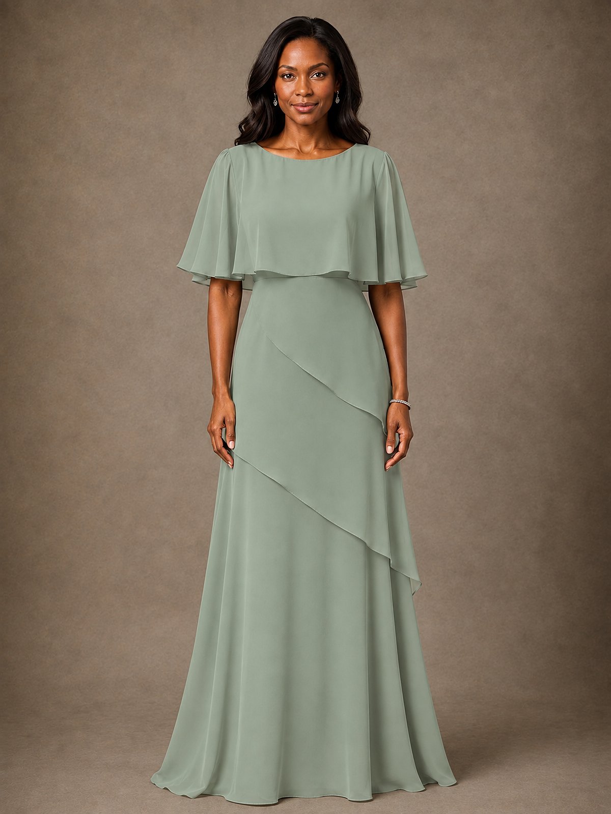 Taupe Chiffon A-Line Mother of the Bride Dress with Cape Sleeves