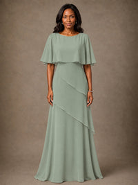 Taupe Chiffon A-Line Mother of the Bride Dress with Cape Sleeves