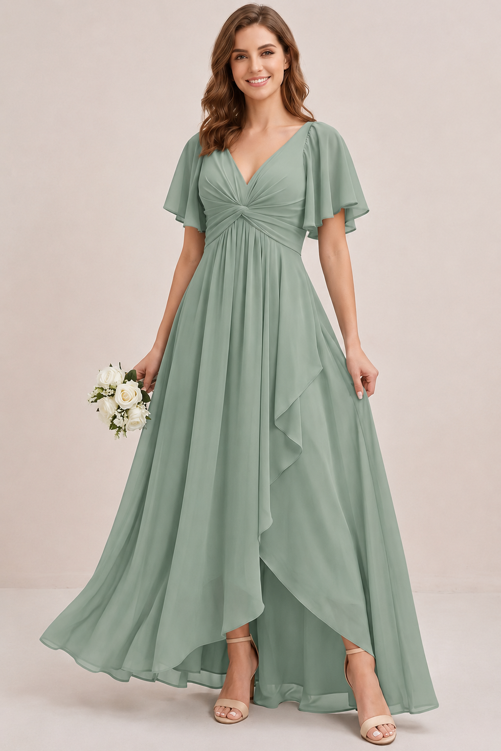 Dusty Blue Chiffon Bridesmaid Dress with Flutter Sleeves & High-Low Hem