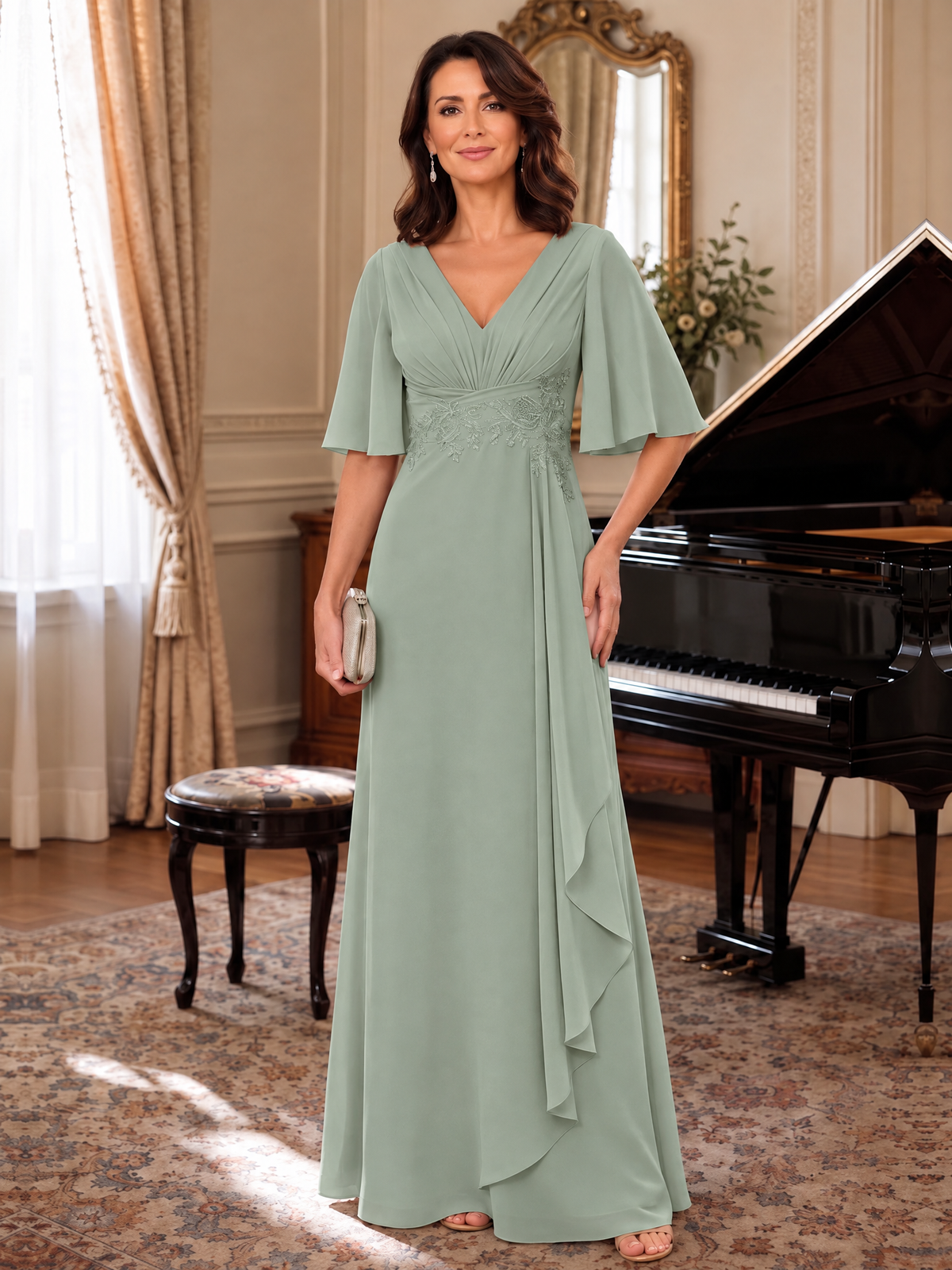 Dusty Sage V-Neck Chiffon Lace Mother of the Bride Dresses with Flutter Sleeve A-line Long Ruffled Evening Formal Wedding Guest Gown