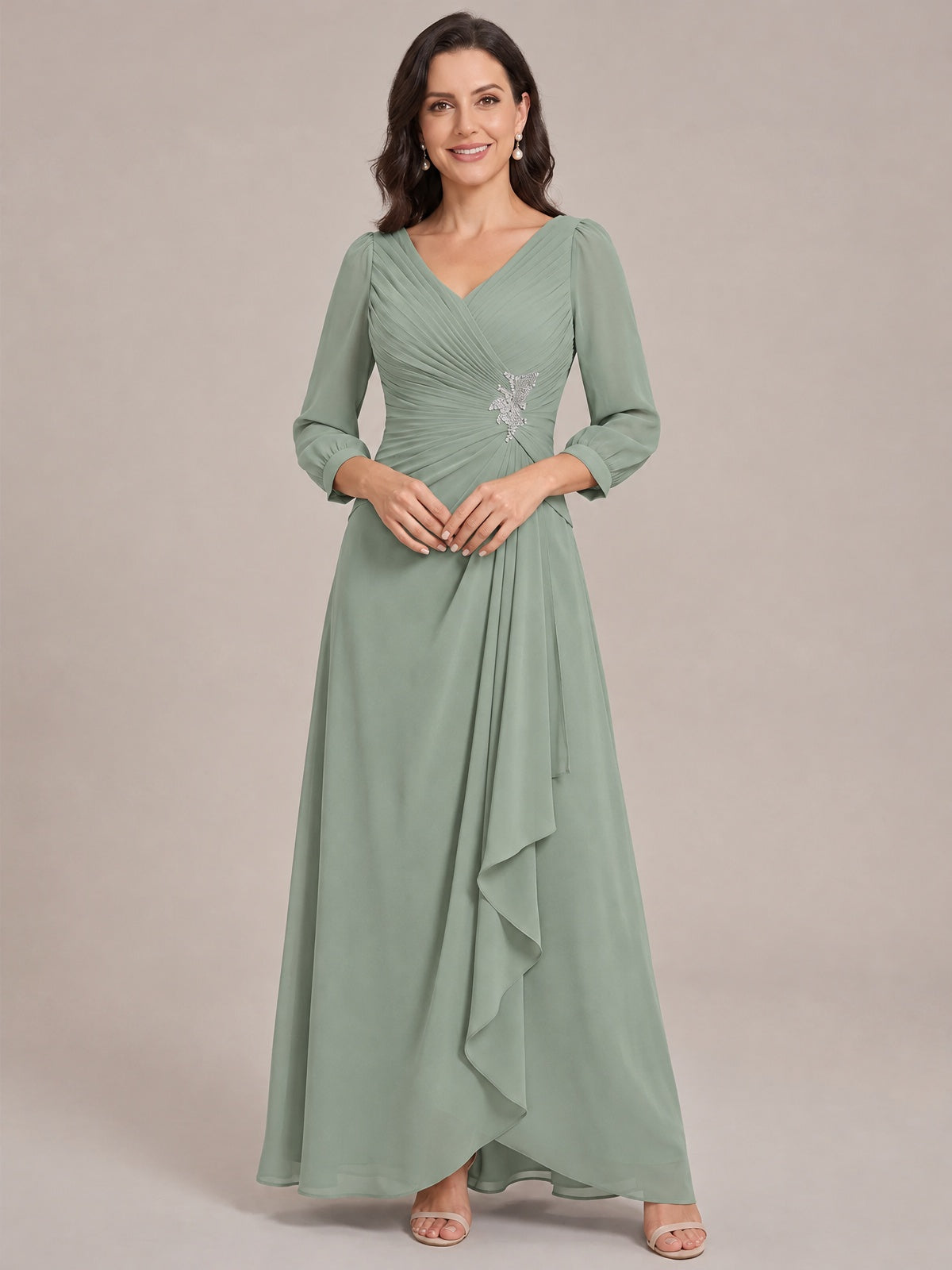Dusty Sage-Long Sleeve Chiffon Beaded Mother of The Bride Dresses for Women