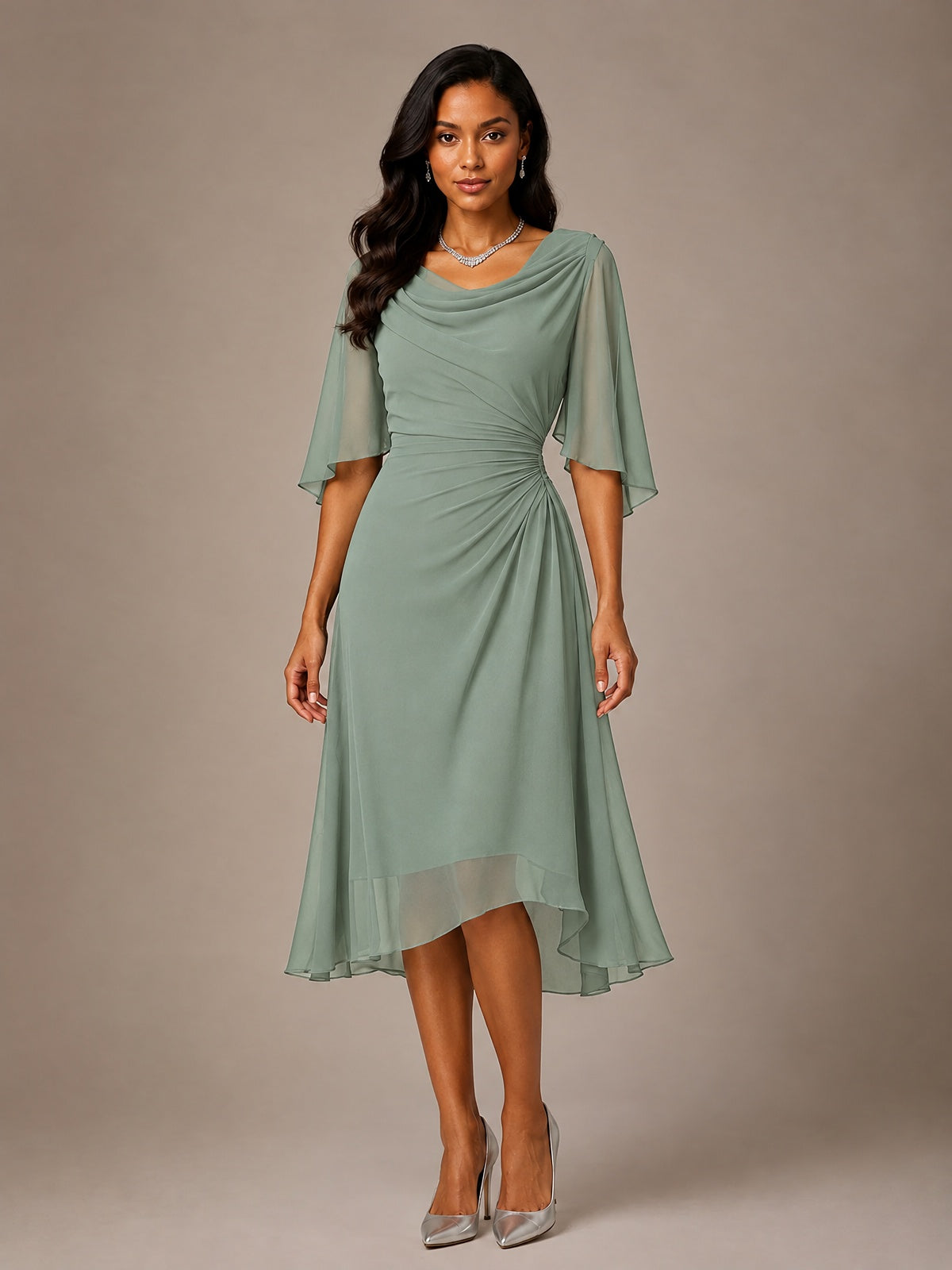 Cowl Neck Ruched Chiffon Mother of the Bride Dresses with Flutter Sleeves