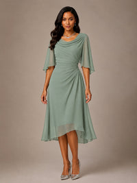 Cowl Neck Ruched Chiffon Mother of the Bride Dresses with Flutter Sleeves