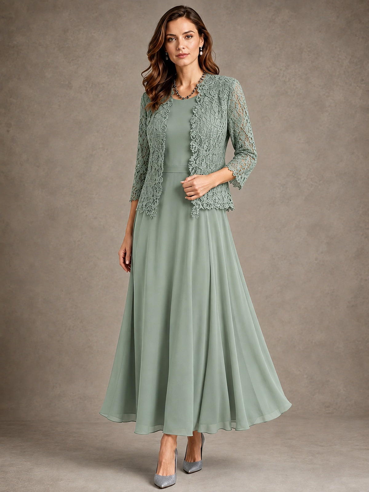 2-Piece Chiffon Mother of the Bride Dress with Lace Jacket