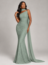 Pleated Chiffon Lace Prom Dresses Long Bodycon Mermaid with Scarf