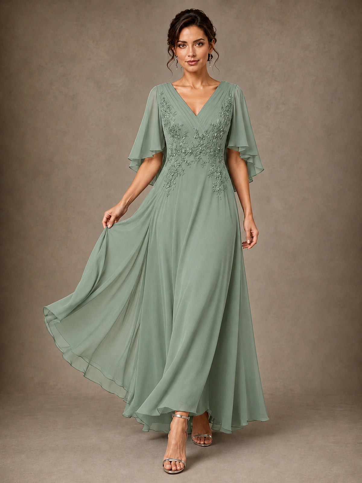V-Neck Chiffon Lace Mother of the Bride Dress with Flutter Sleeves
