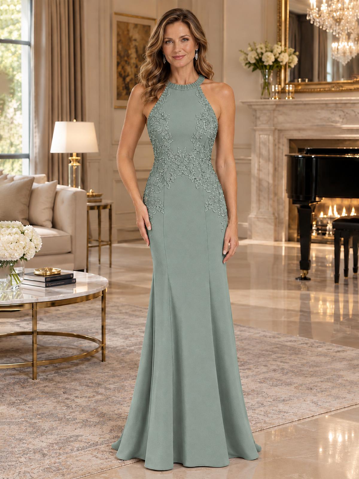 Halter Neckline Lace Appliques Mother of The Bride Dresses