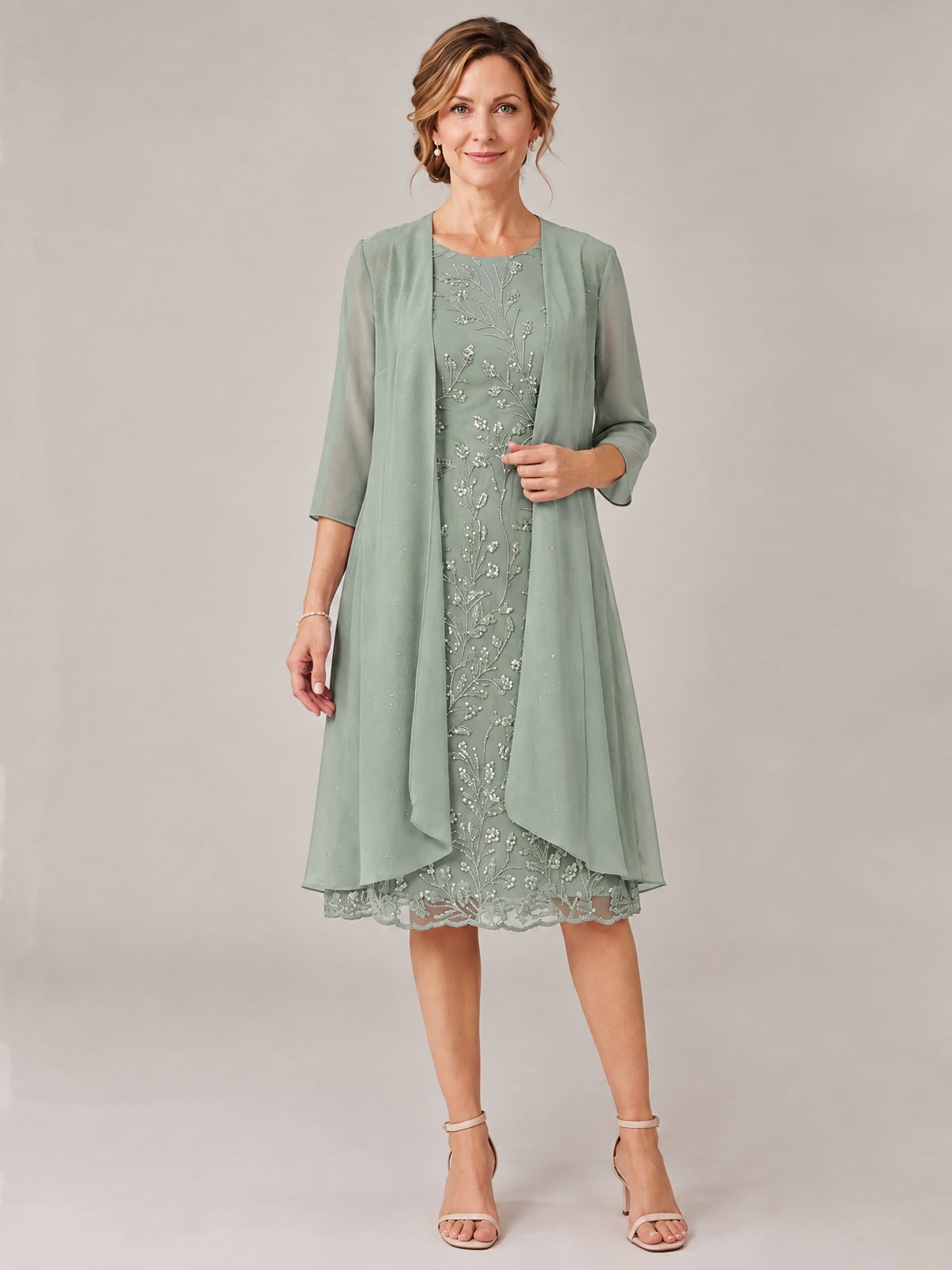 Dusty Sage-2 Piece Lace Appliques Chiffon Mother of The Bride Dress with Sequin