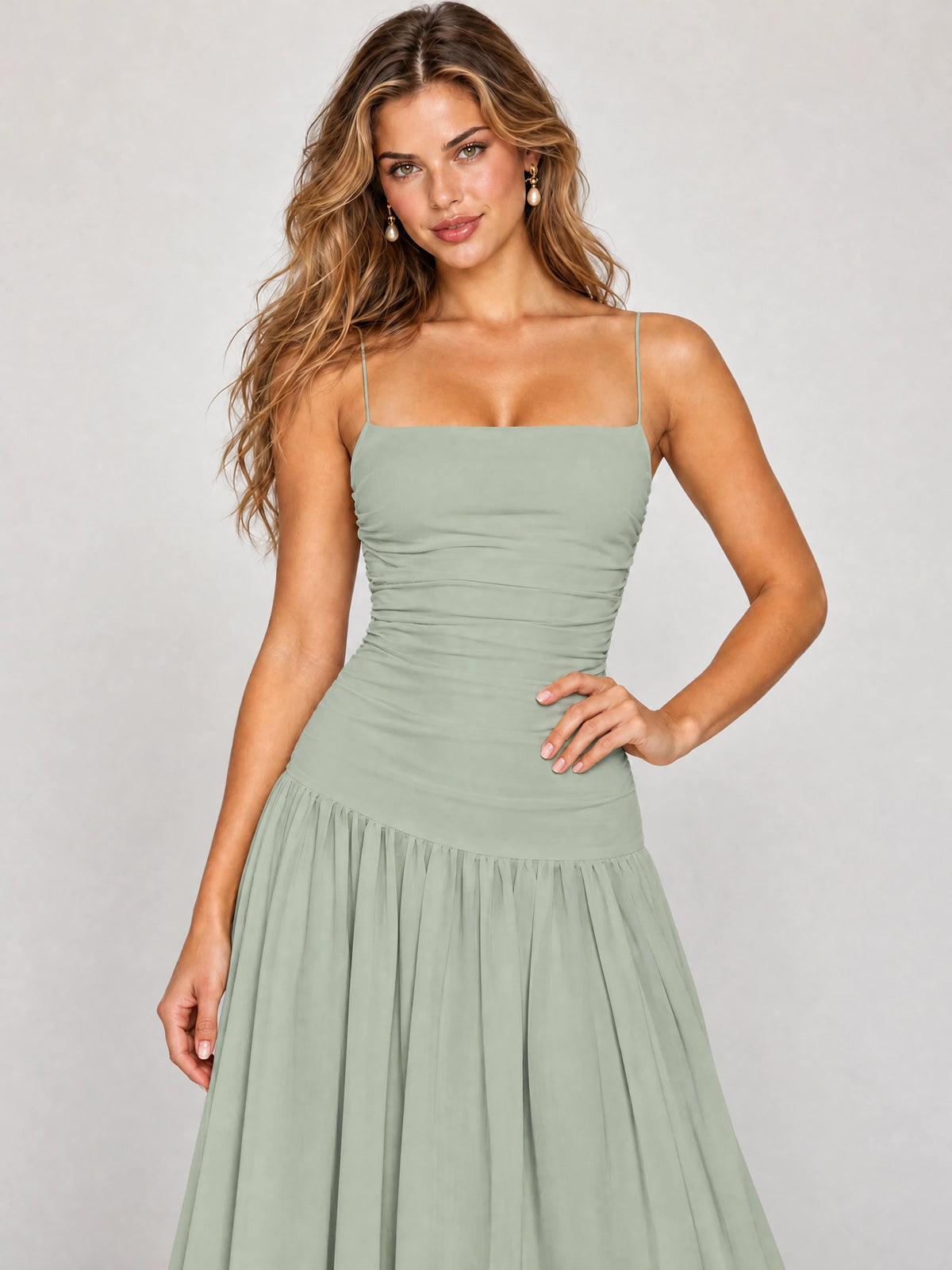 Butter Yellow Ruched Spaghetti Strap Drop-Waist Prom Dress
