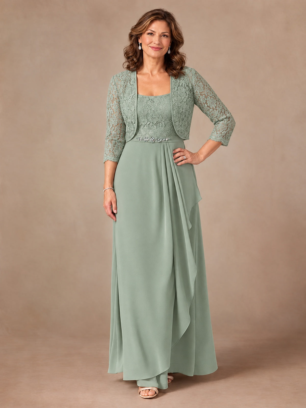 Blush Pink A-Line Mother of the Bride Dress with Lace Jacket and Ruffles