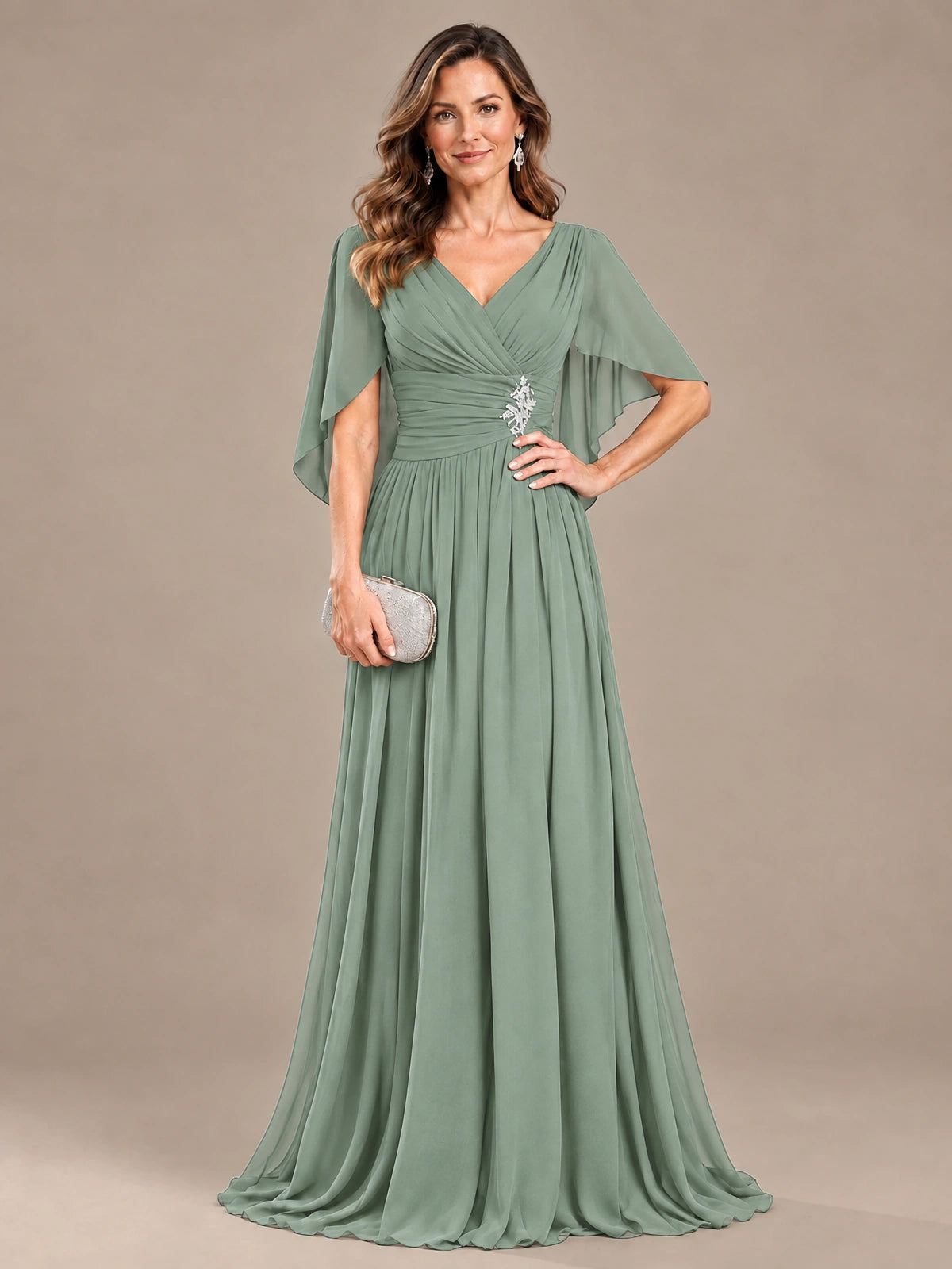 Ruched V Neck Mother of The Bride Dresses with Shawls Appliques and Cap Sleeves