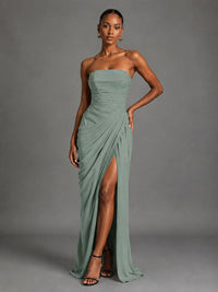 Strapless Bodycon Pleated Chiffon Formal Dress with Slit