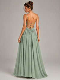 Spaghetti Strap Ruched Chiffon Maxi Dress with Backless