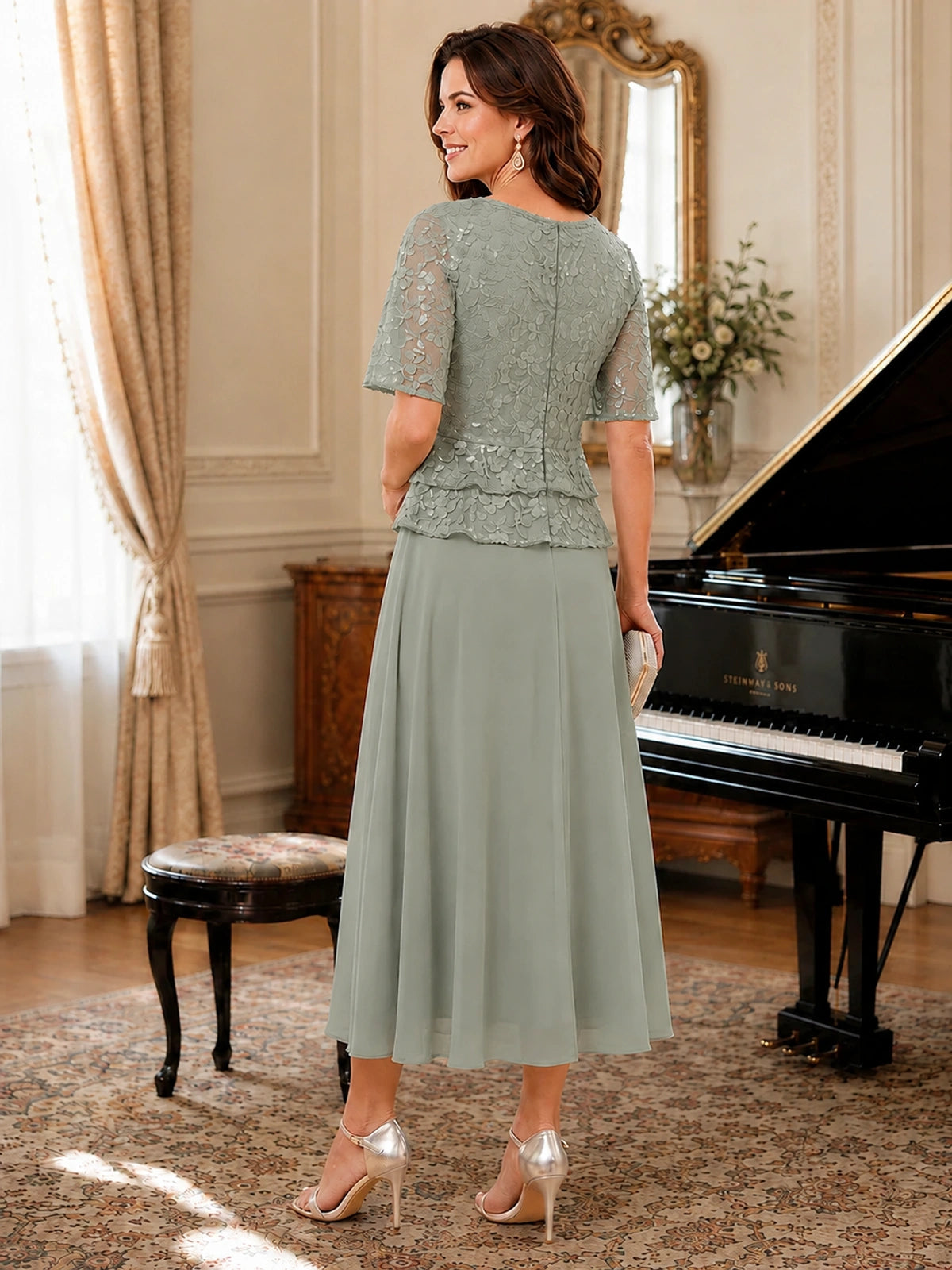 Tea-Length Chiffon Mother of the Bride Dress with Sequin Lace Sleeves