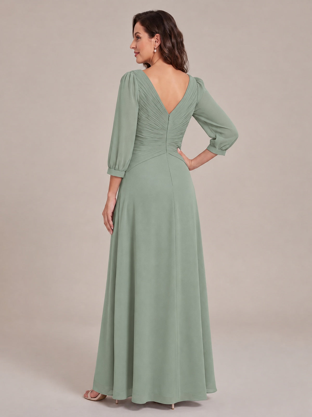 V-Neck Pleated Chiffon Mother of the Bride Dress with Flutter Sleeves
