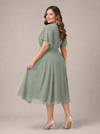 Navy Blue A-Line V-Neck Tea-Length Mother of the Bride Dress